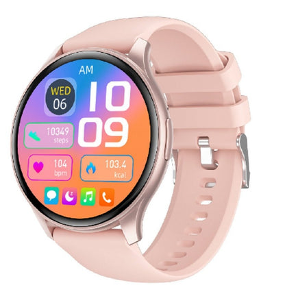 Round smartwatch in soft pink with pink silicone strap