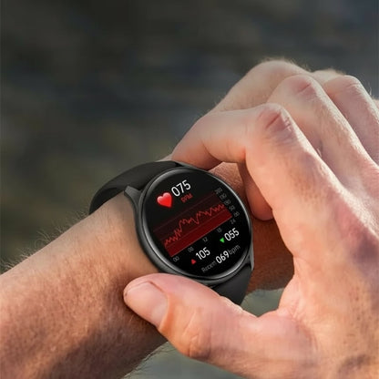 Black round smartwatch worn on the wrist outdoors, showing the activity screen