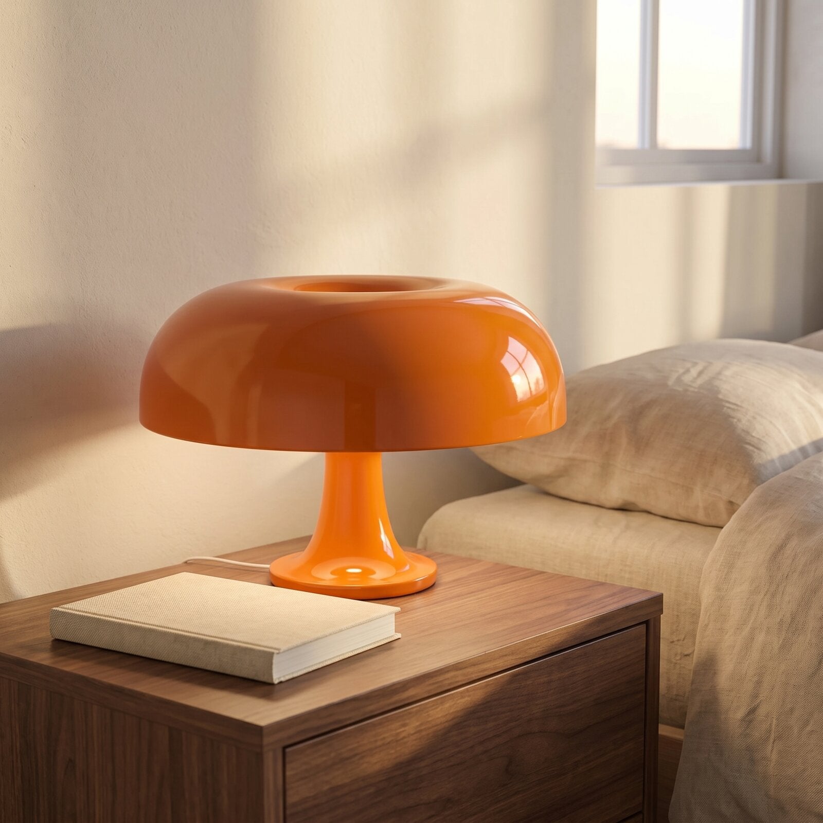 Orange mushroom dome table lamp lit on a walnut bedside table