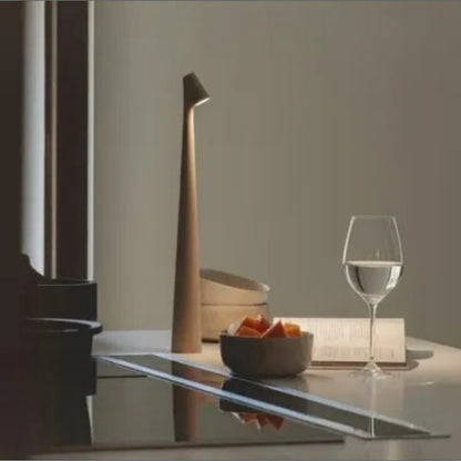 Brown slim cordless LED table lamp on a kitchen counter