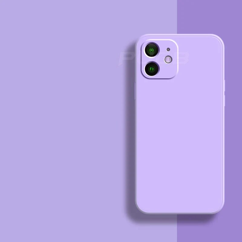Back of a lavender silicone iPhone case with raised camera surround