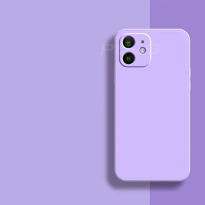 Back of a lavender silicone iPhone case with raised camera surround