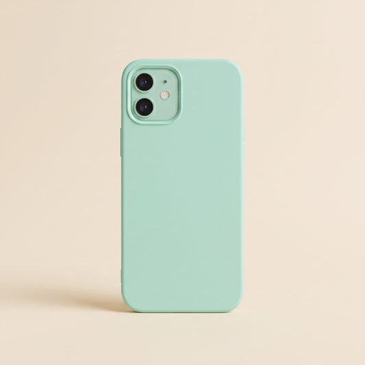 Slim mint green silicone iPhone case with raised camera edge on a plain background
