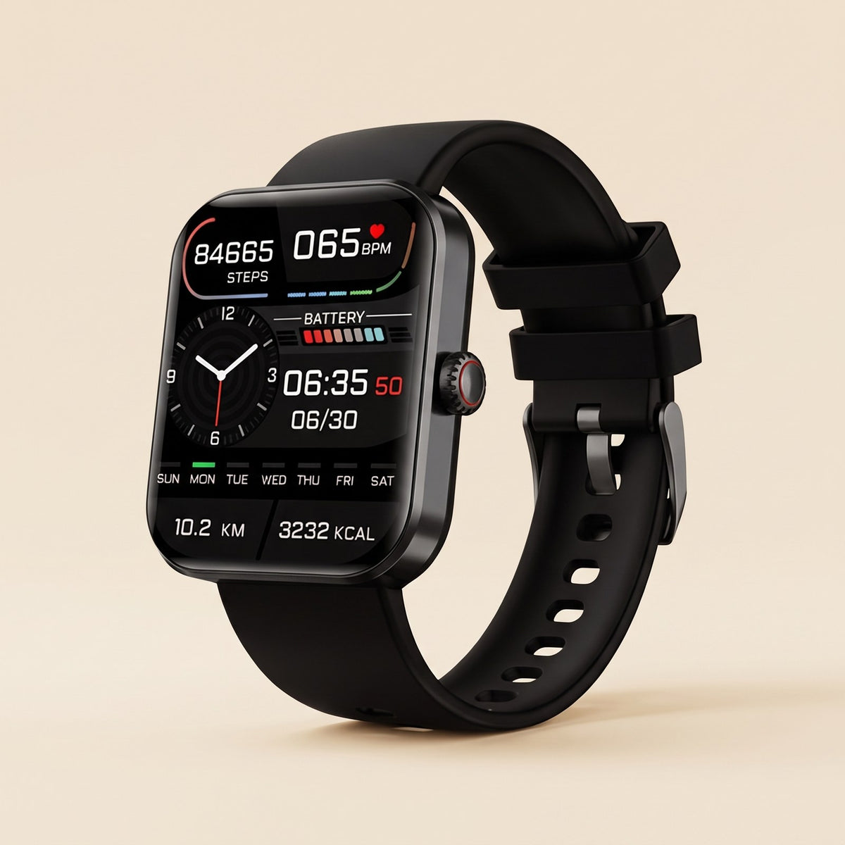Black smart fitness watch on a cream background