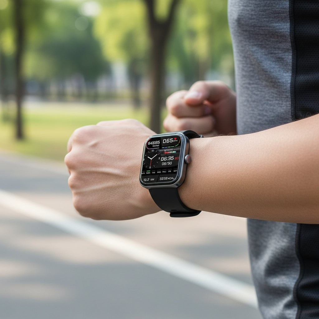 Smart fitness watch worn on the wrist outdoors