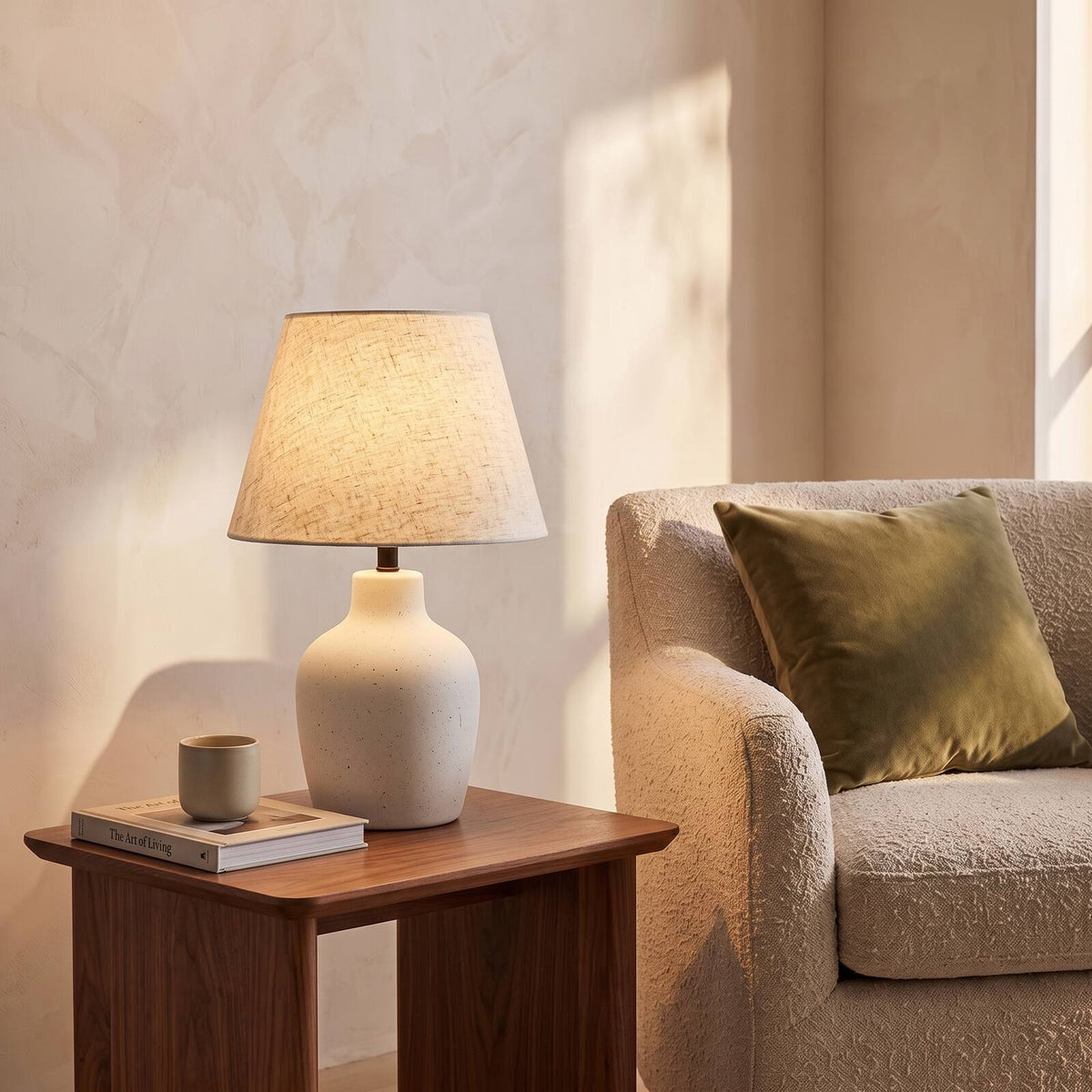 Speckled ivory ceramic table lamp lit on a walnut side table beside an armchair