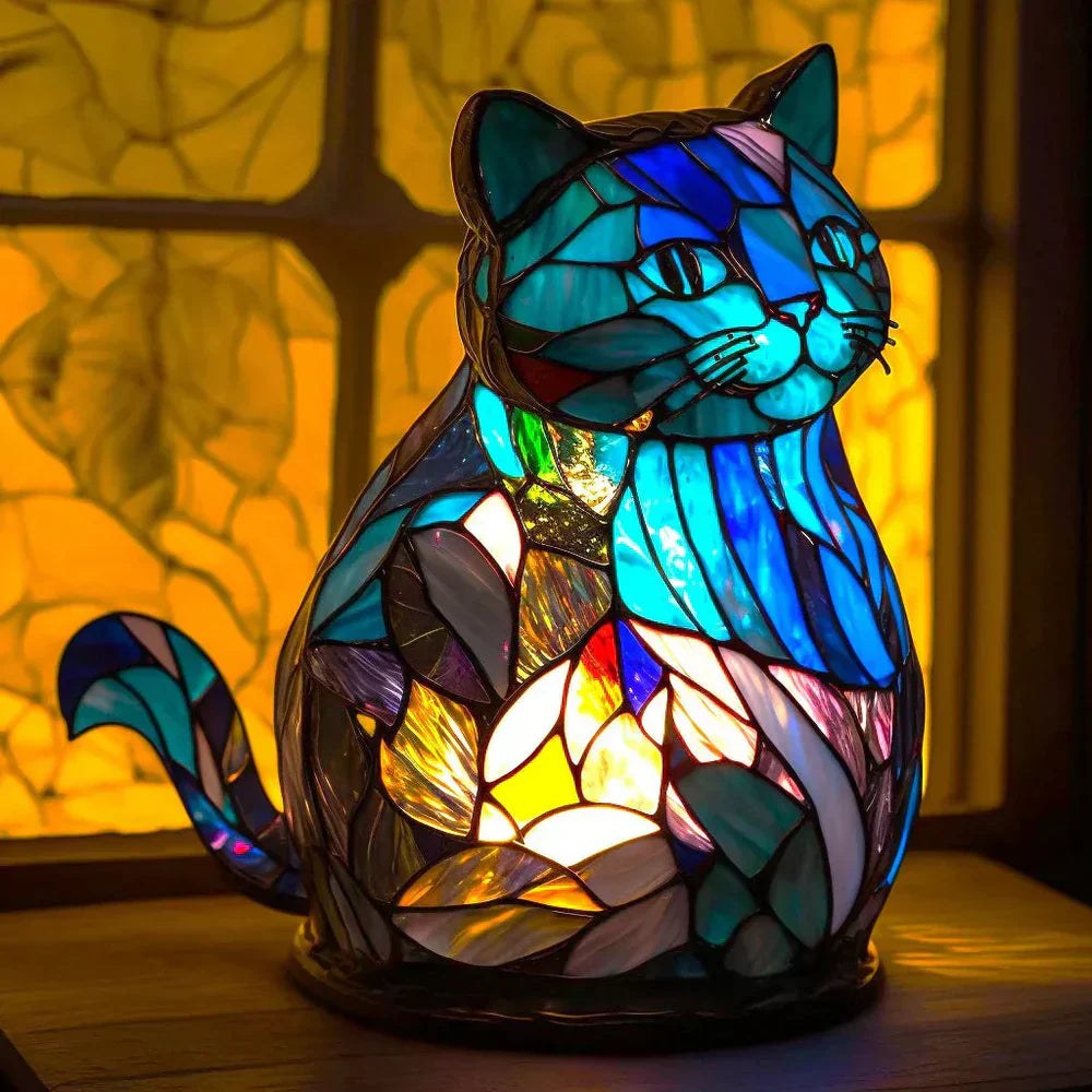 Stained glass cat table lamp switched on