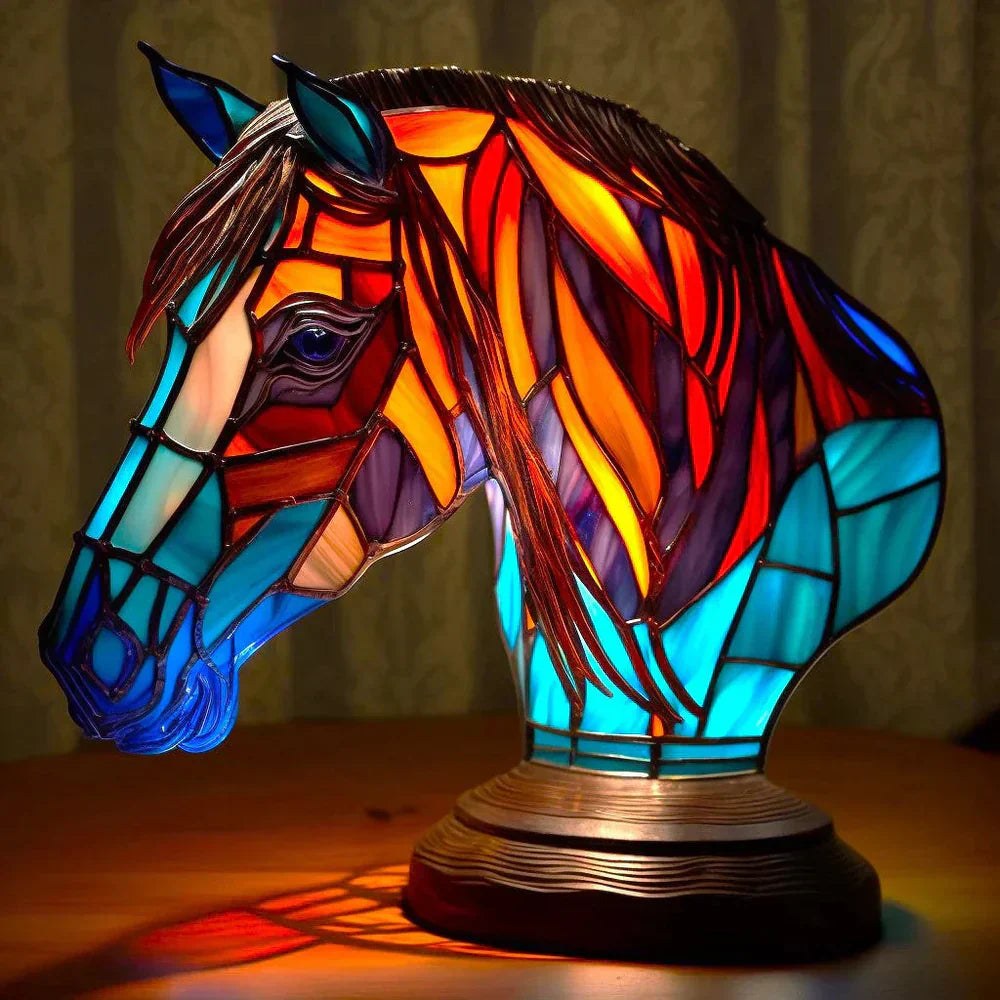 Stained glass horse table lamp switched on