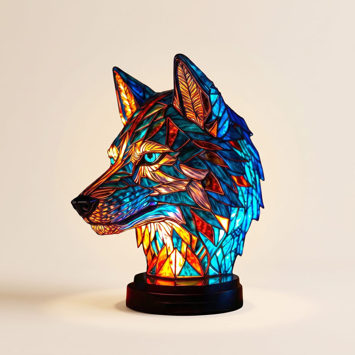 Stained glass wolf table lamp glowing warmly on a cream background