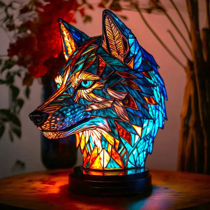 Stained glass wolf table lamp switched on