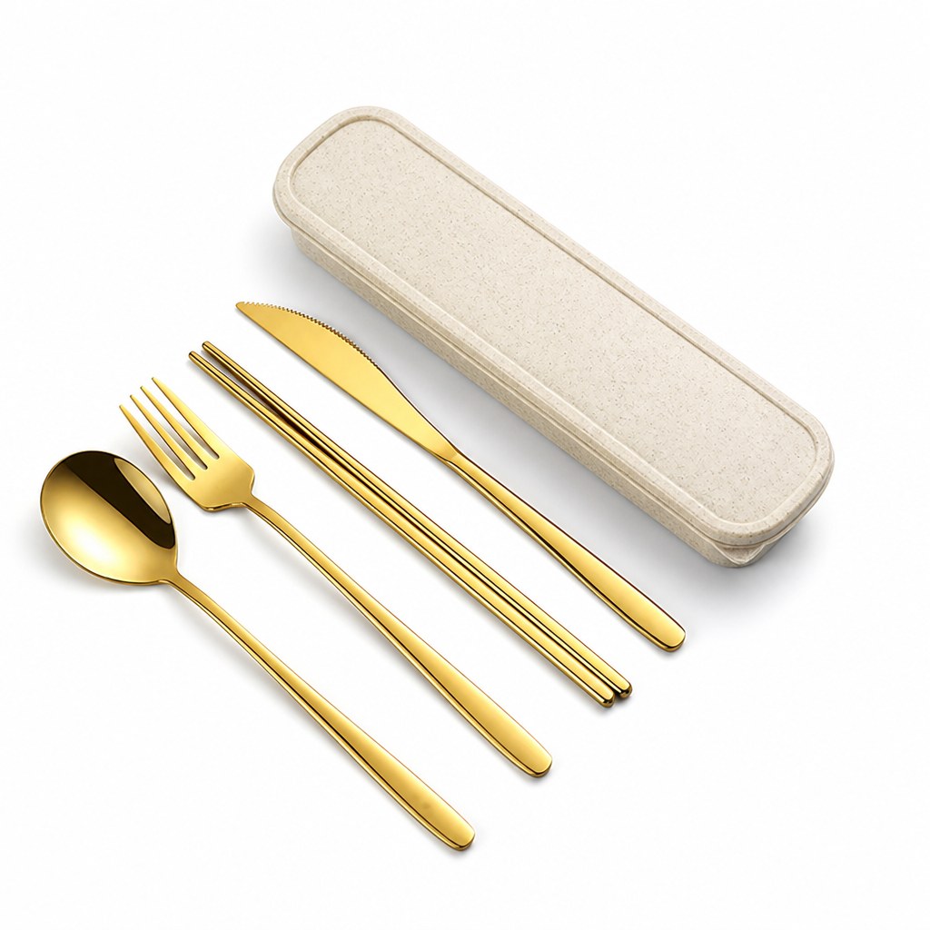 Cutlery set in beige and gold
