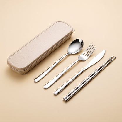 Stainless steel travel cutlery set with beige case
