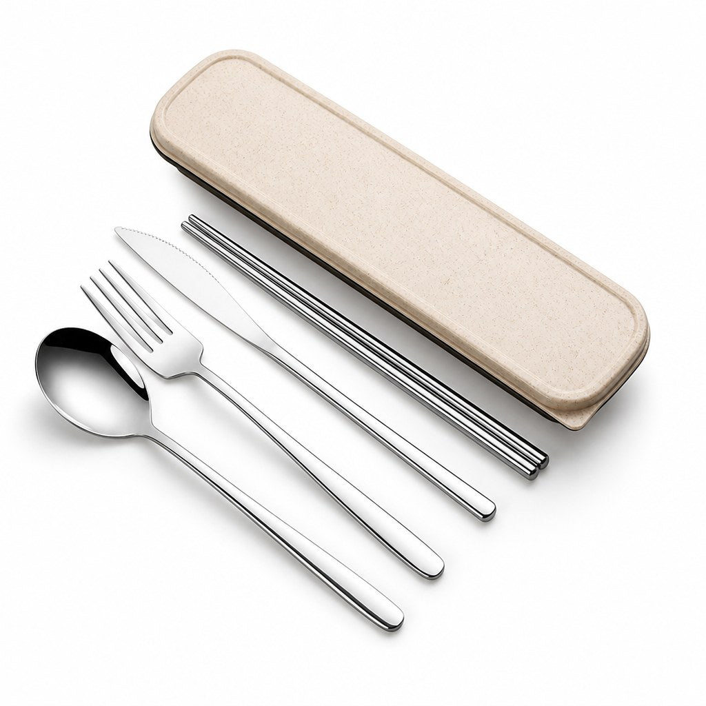 Cutlery set in beige and silver
