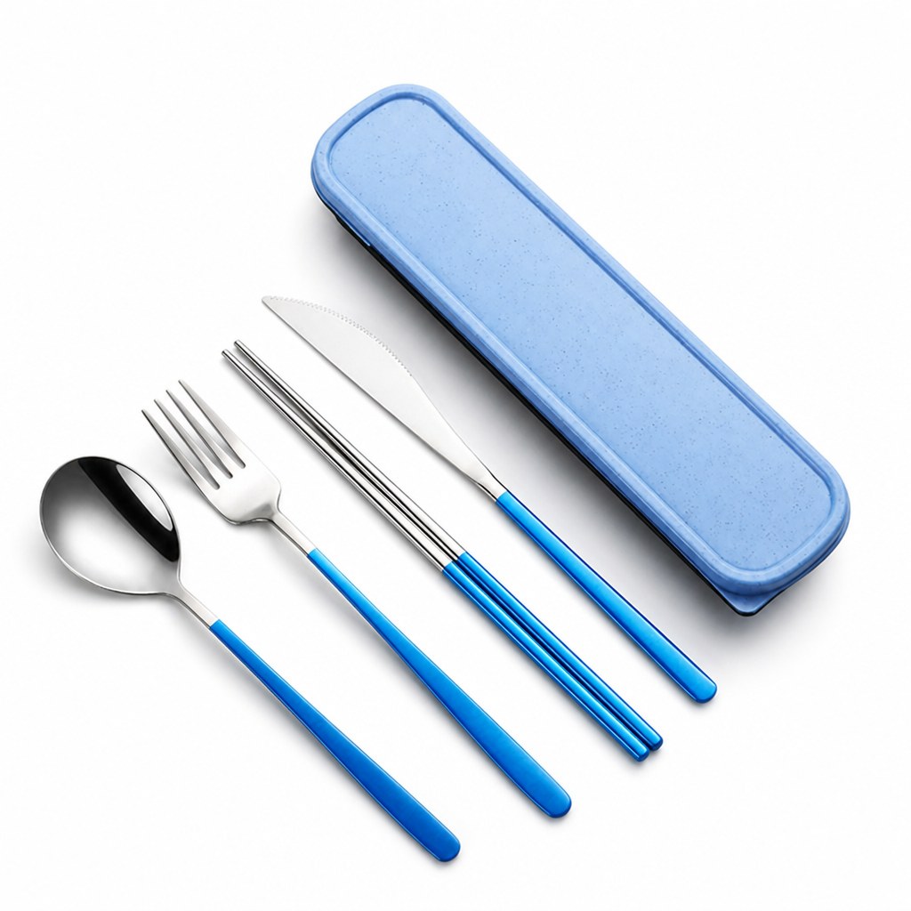 Cutlery set in blue and silver