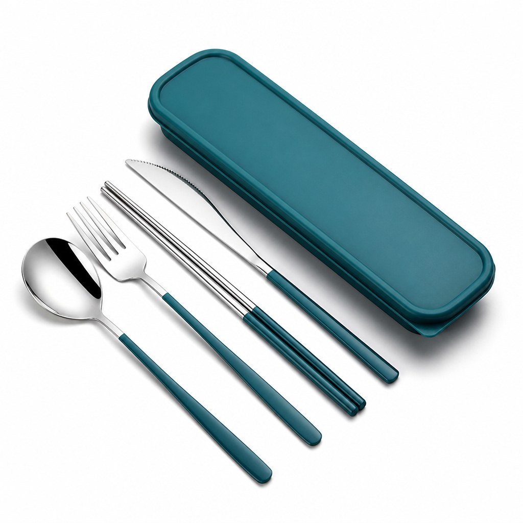 Cutlery set in green and silver
