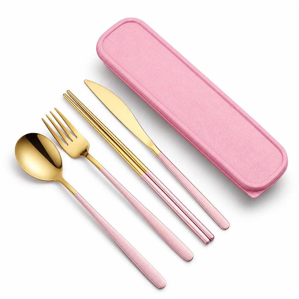 Cutlery set in pink and gold