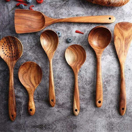 Teak Wooden Kitchen Utensils Set of 7, Handmade Wooden Spoons and Spatulas for Non-Stick Cookware