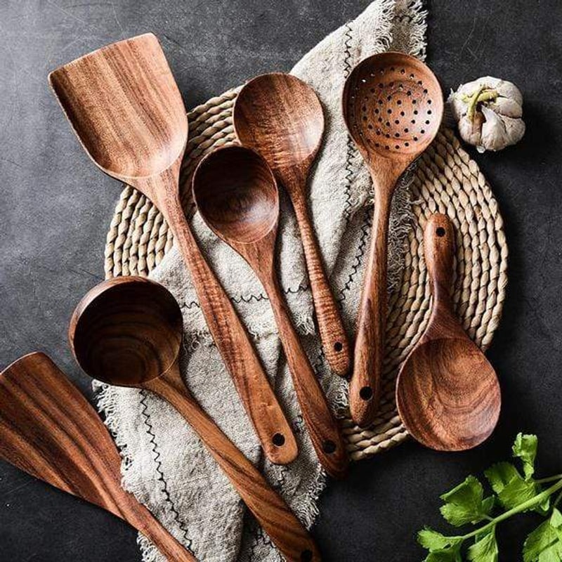 Teak Wooden Kitchen Utensils Set, 7 Piece Wooden Spoons 3