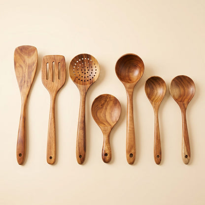 Teak Wooden Kitchen Utensils Set, 7 Piece Wooden Spoons 1