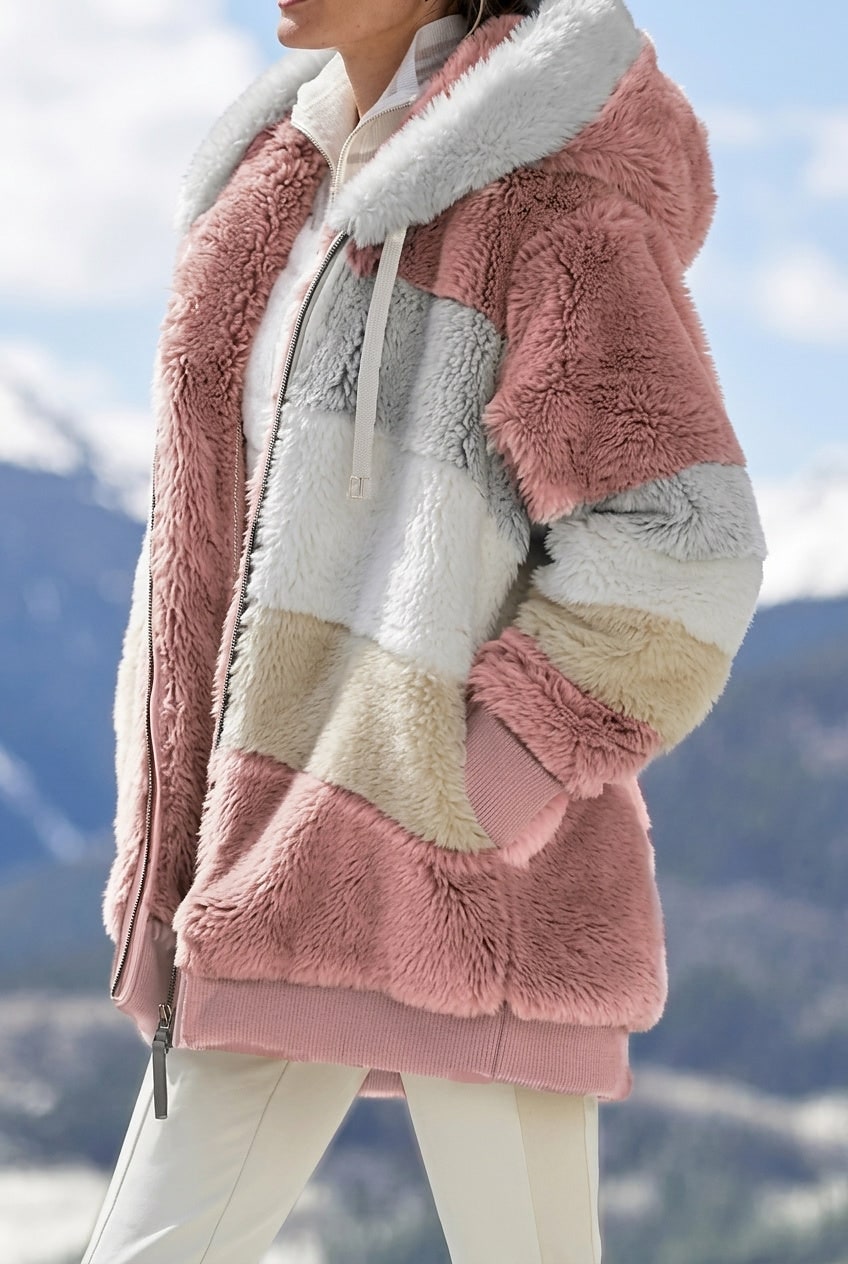Pink colourblock faux fur hooded winter jacket