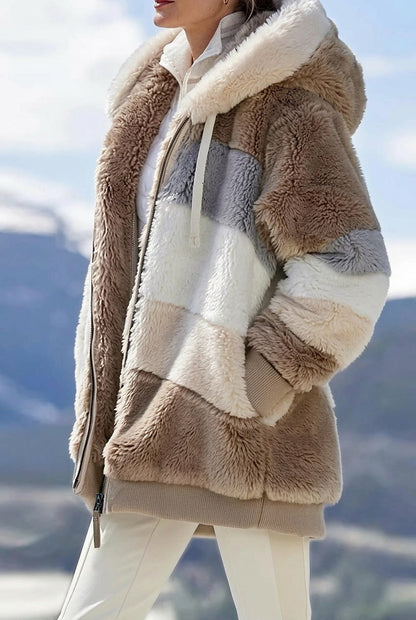 Khaki colourblock faux fur hooded winter jacket