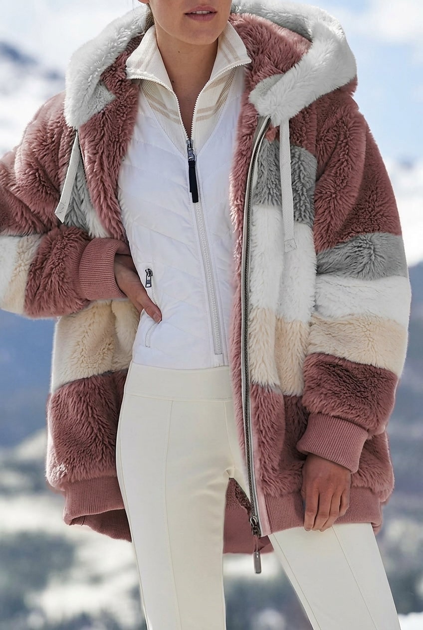 Red colourblock faux fur hooded winter jacket