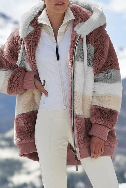 Red colourblock faux fur hooded winter jacket