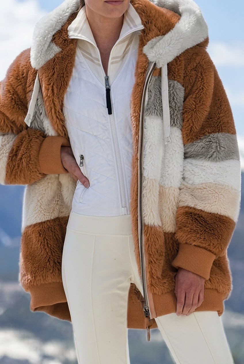 Caramel colourblock faux fur hooded winter jacket