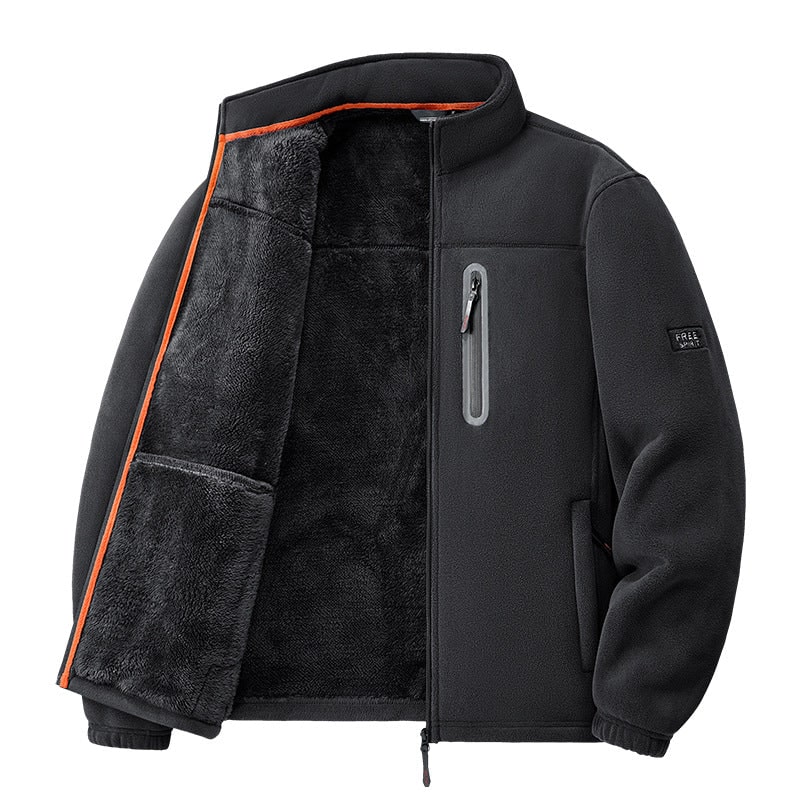 Black men's thermal fleece jacket open to show the thick teddy lining