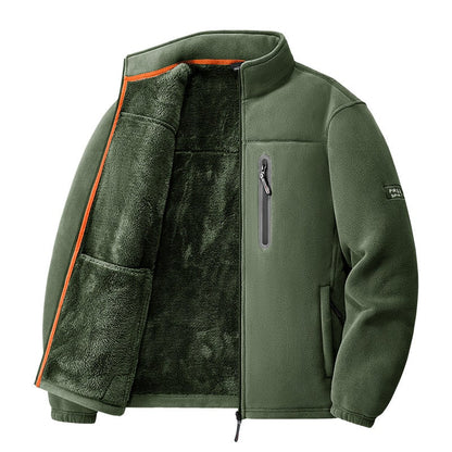 Olive green fleece jacket with open front showing the lining