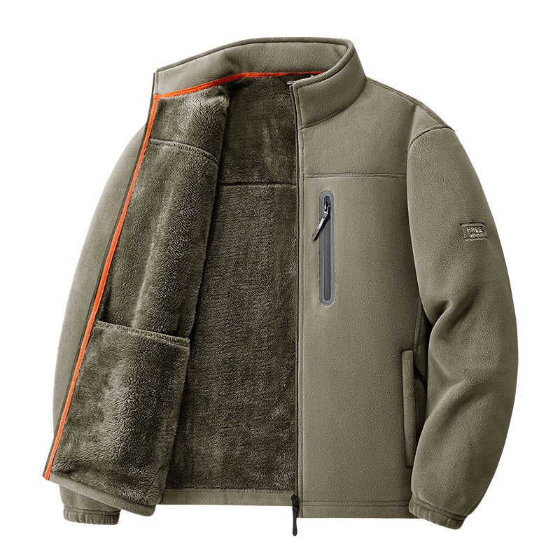 Khaki fleece jacket with open front showing the lining
