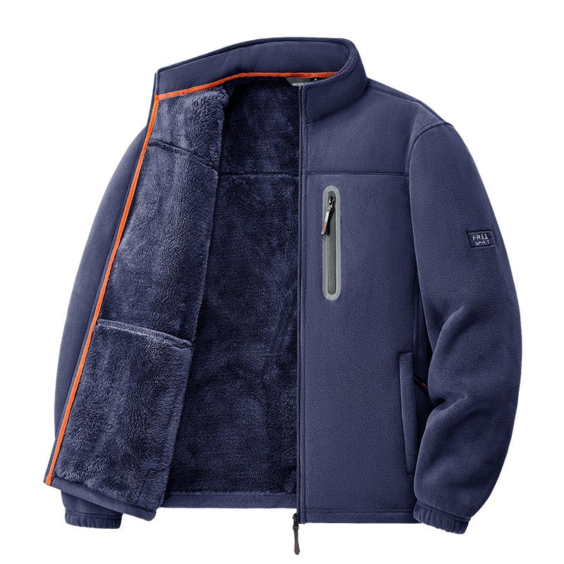 Navy fleece jacket with open front showing the lining