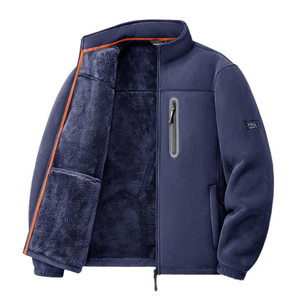 Navy fleece jacket with open front showing the lining
