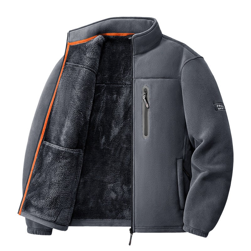 Grey fleece jacket with open front showing the lining
