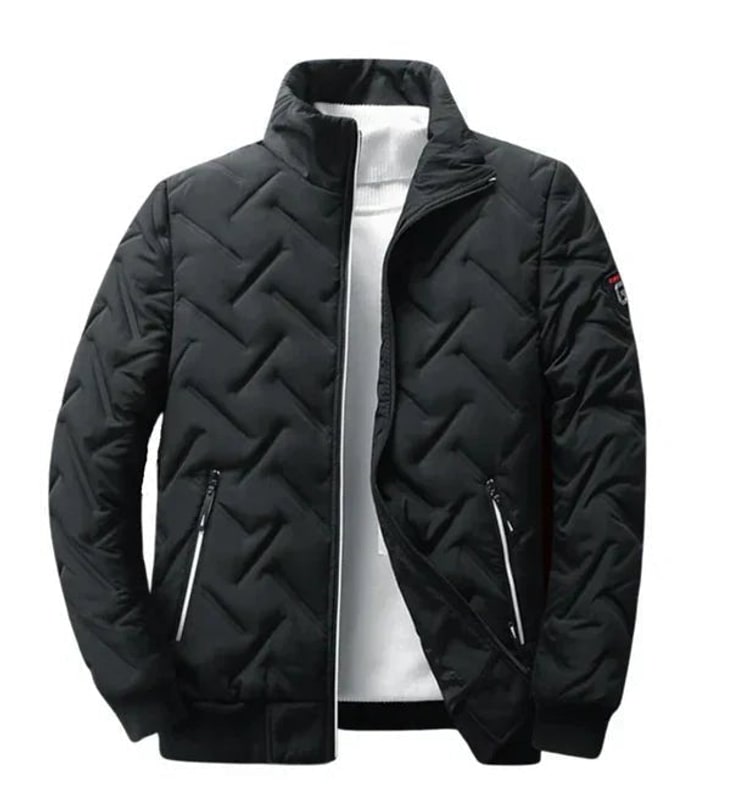 Black quilted men's thermal jacket with zip pockets and stand collar