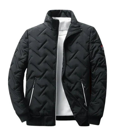 Black quilted men's thermal jacket with zip pockets and stand collar