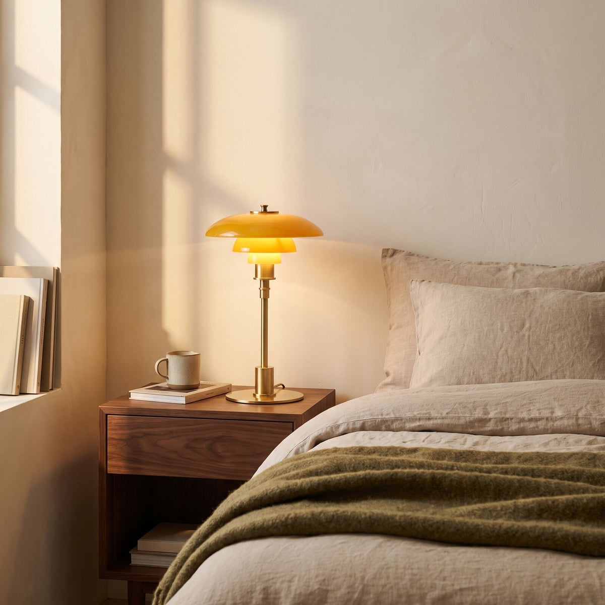 Gold tiered shade bedside table lamp lit on a walnut nightstand