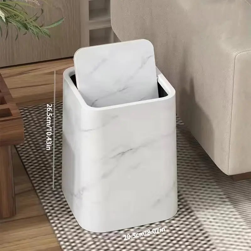 White marble trash can with size measurements, small