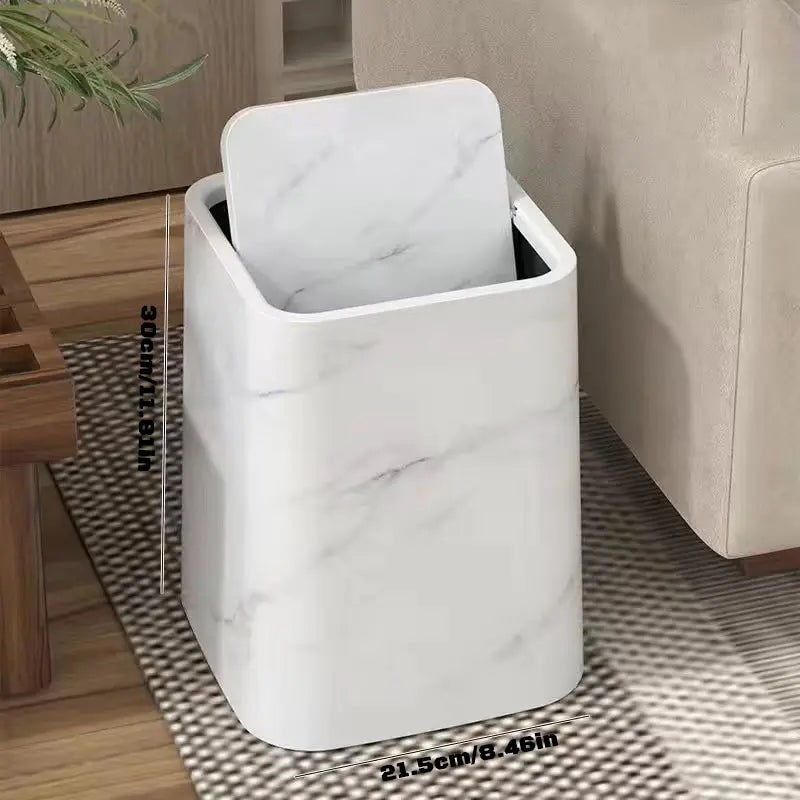White marble trash can with size measurements, large