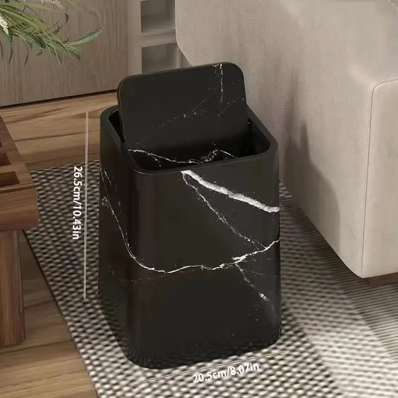Black marble trash can with swing lid, small size
