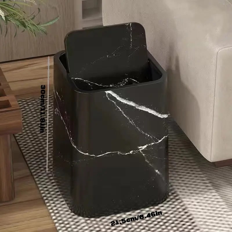 Black marble trash can with swing lid, large size