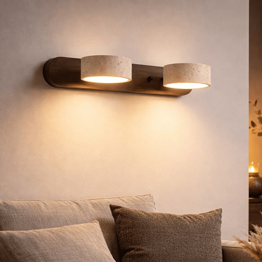 Travertine LED Wall Light with Wood Base, Modern Sconce 2