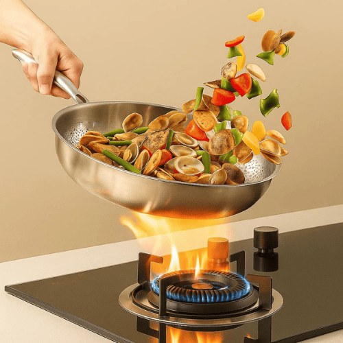 Stir-frying vegetables in the stainless steel pan