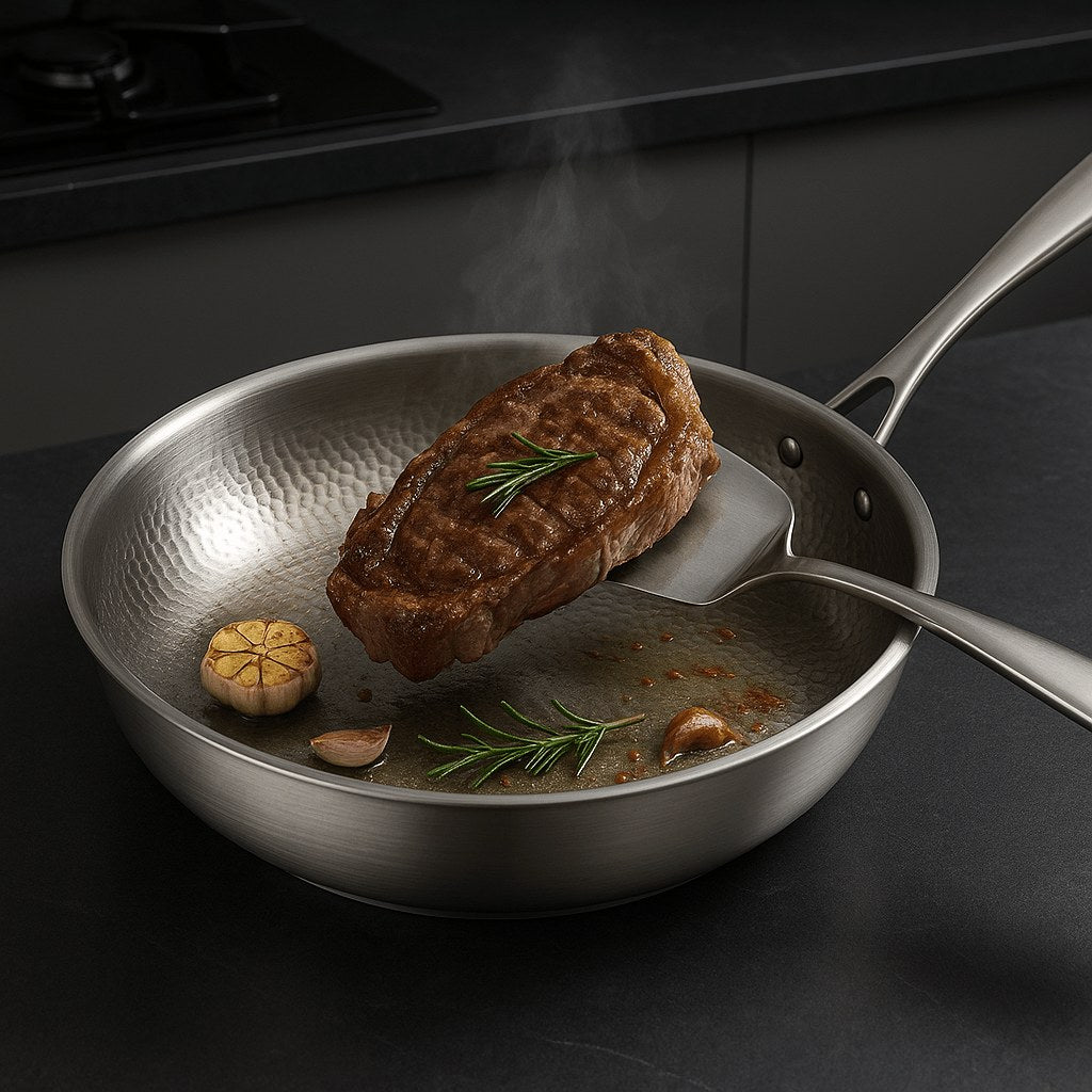 Steak and garlic in the uncoated pan