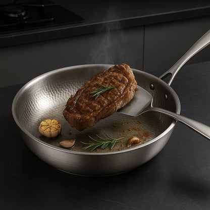 Steak and garlic in the uncoated pan