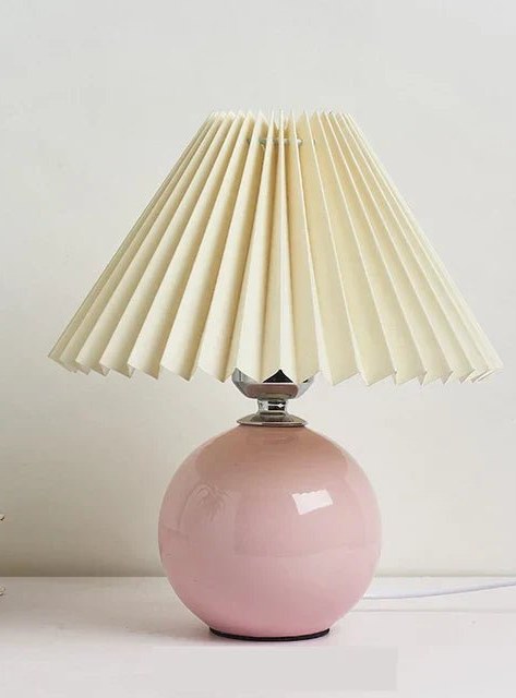 Vintage Pleated Table Lamp in pink and beige