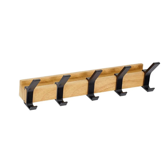 Wall Rack with Movable Hooks, Wood and Metal Hook Rail 1