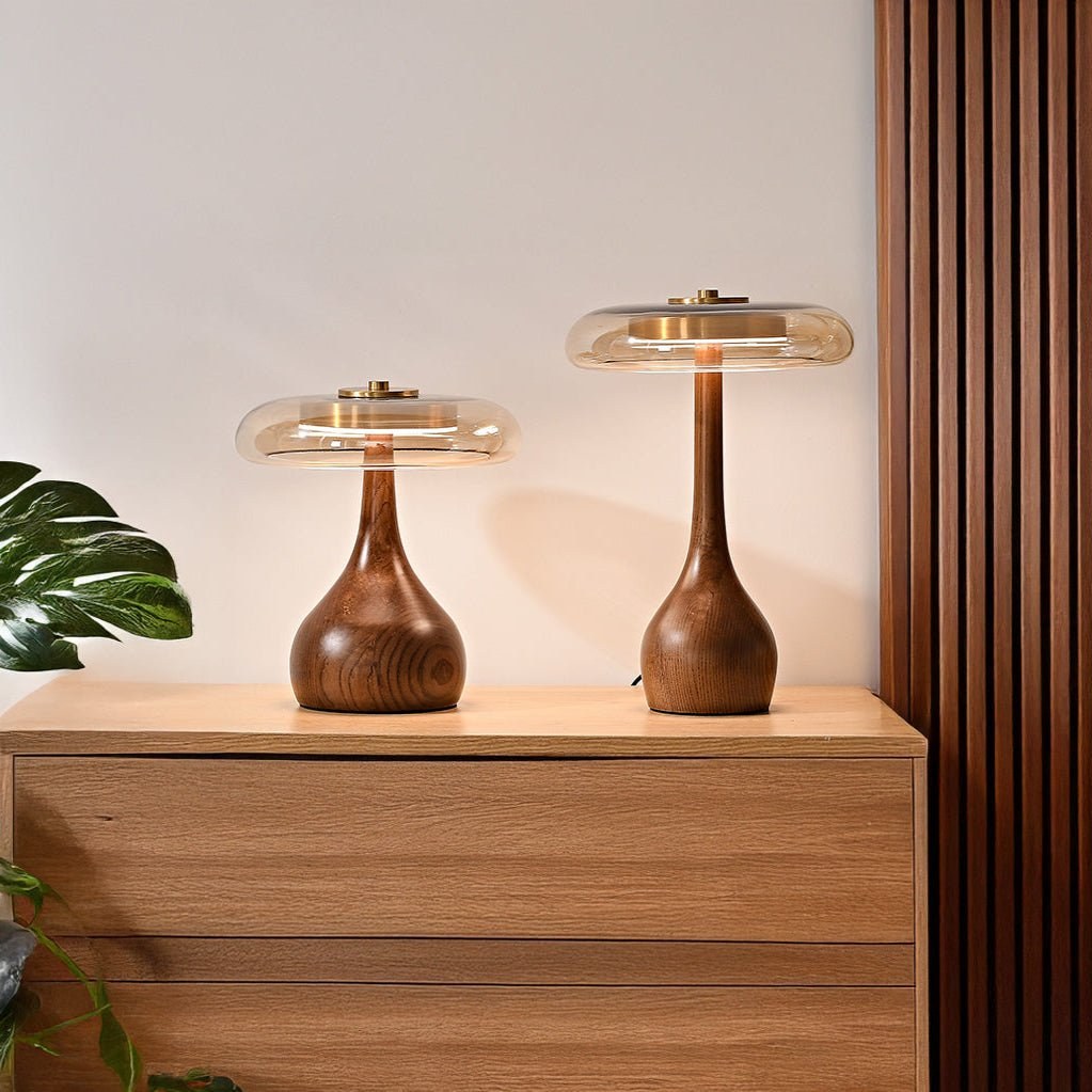 Both sizes of the glass disc LED table lamp side by side