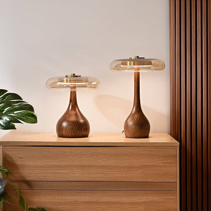 Both sizes of the glass disc LED table lamp side by side