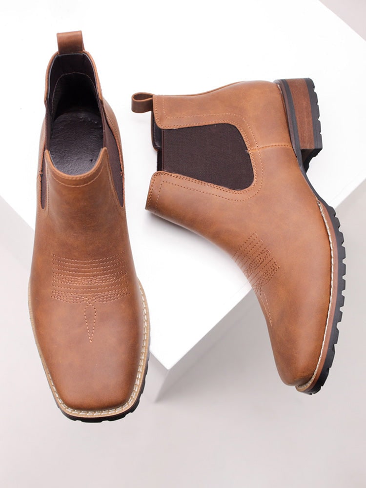 Winter Boots, Square Toe Chelsea Boots for Men Embroidered 7